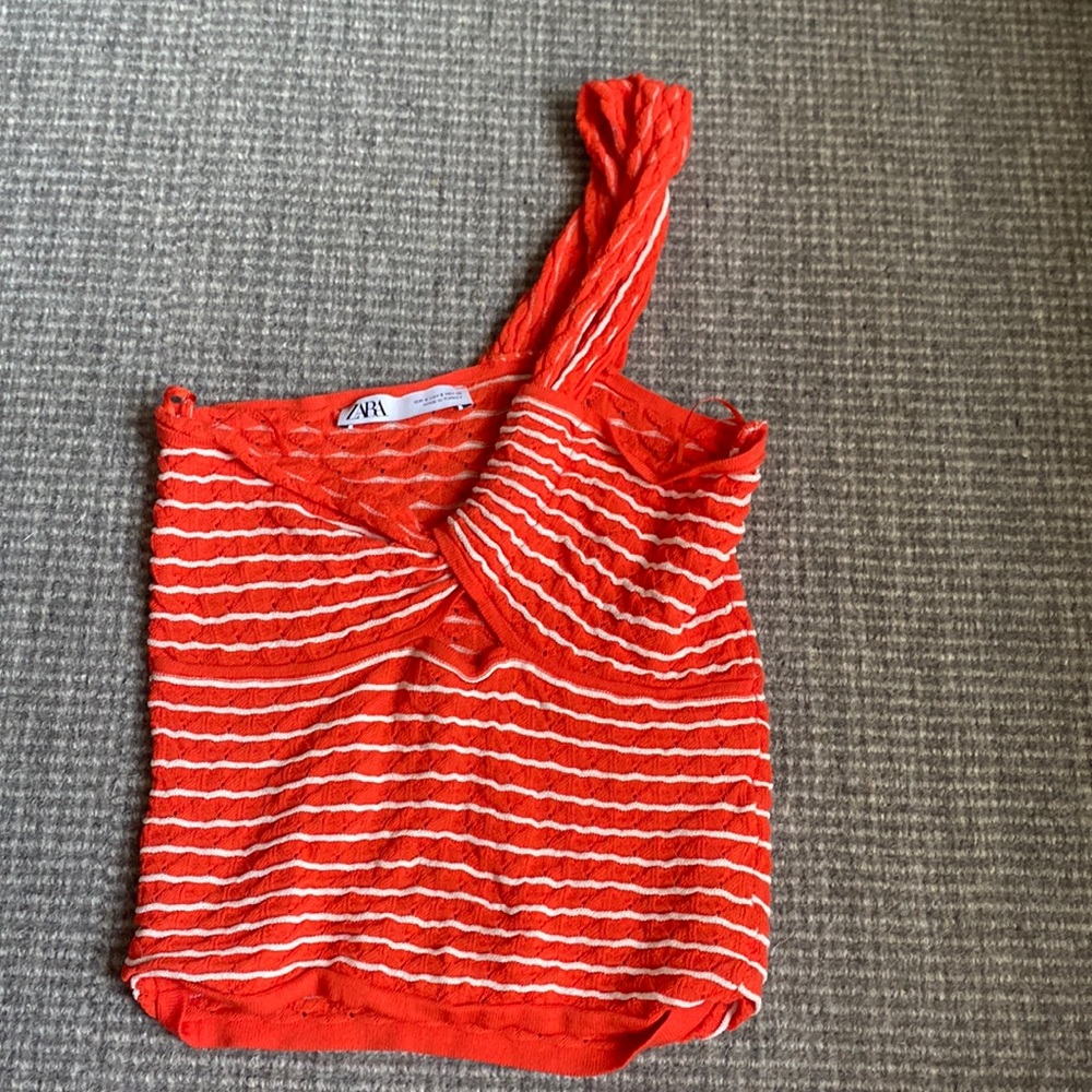 Zara Crochet Orange/Red and White One Shoulder Top